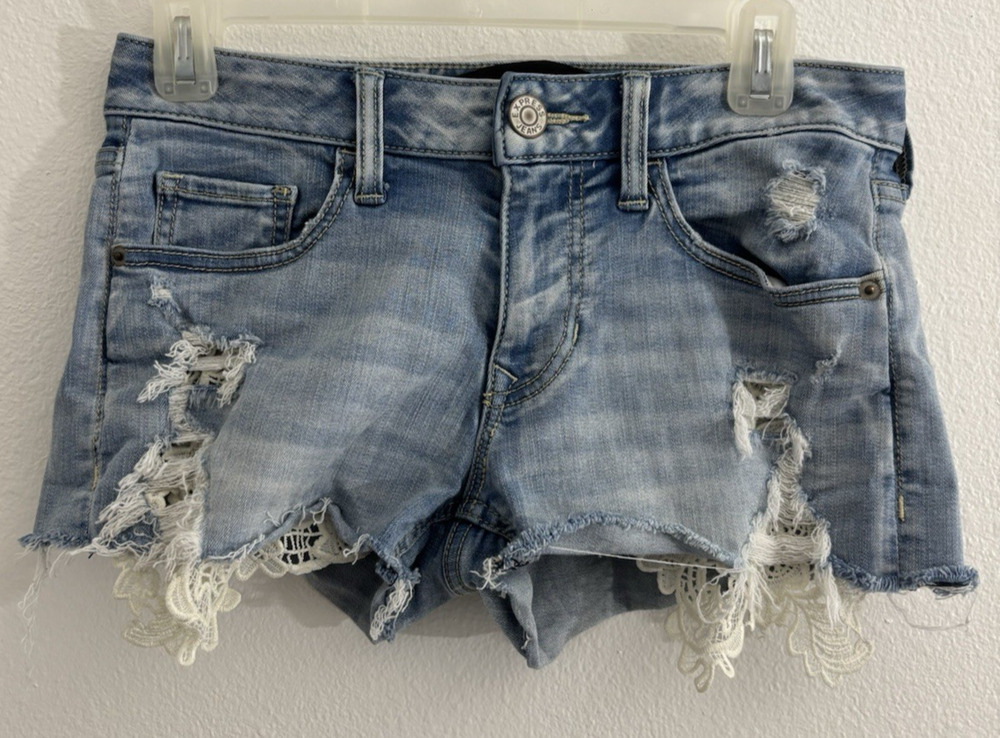 Express Jeans Distressed Denim Shorts Blue Solid Regular Size 00